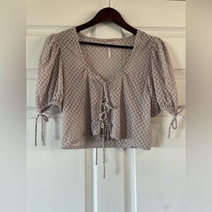 Free People Lavender Smocked Lace-Up Puff Sleeve Top